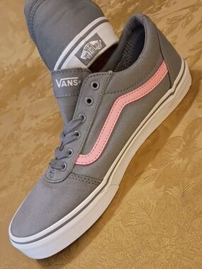 VANS Women's Gray Canvas Sneakers with Pink Side Stripe Women's 6.0